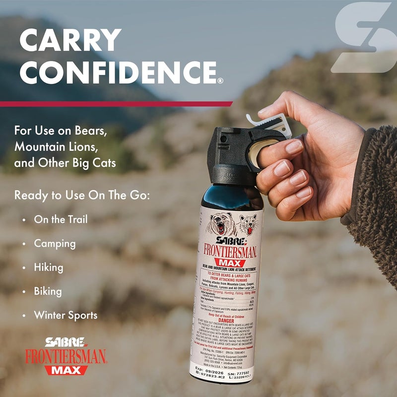 sabre Frontiersman MAX Bear Spray – 40 ft Range, Maximum Strength, The Only EPA-Registered Spray for Bears & Mountain Lions, 7.9 oz, Glow Safety Clip, Outdoor Hiking & Camping Protection - Image 4
